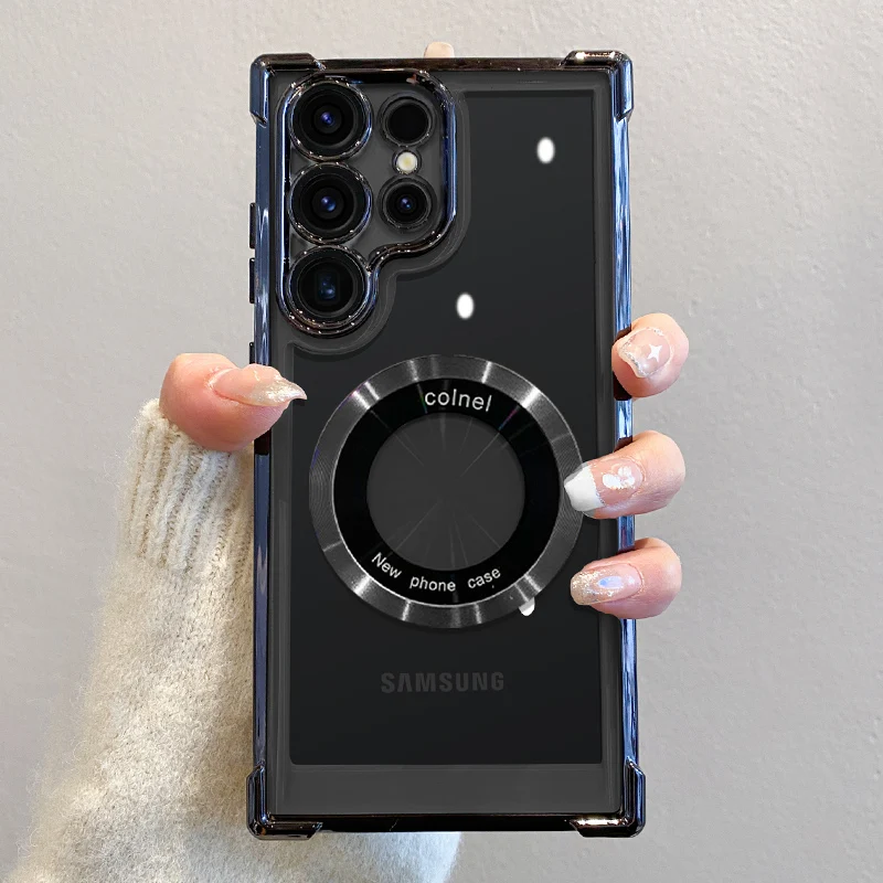 Luxury Plating Magnetic Wireless Charge Case For Samsung S25 S24 Ultra S23 FE S22 Plus Clear Shockproof Camera Protection Cover