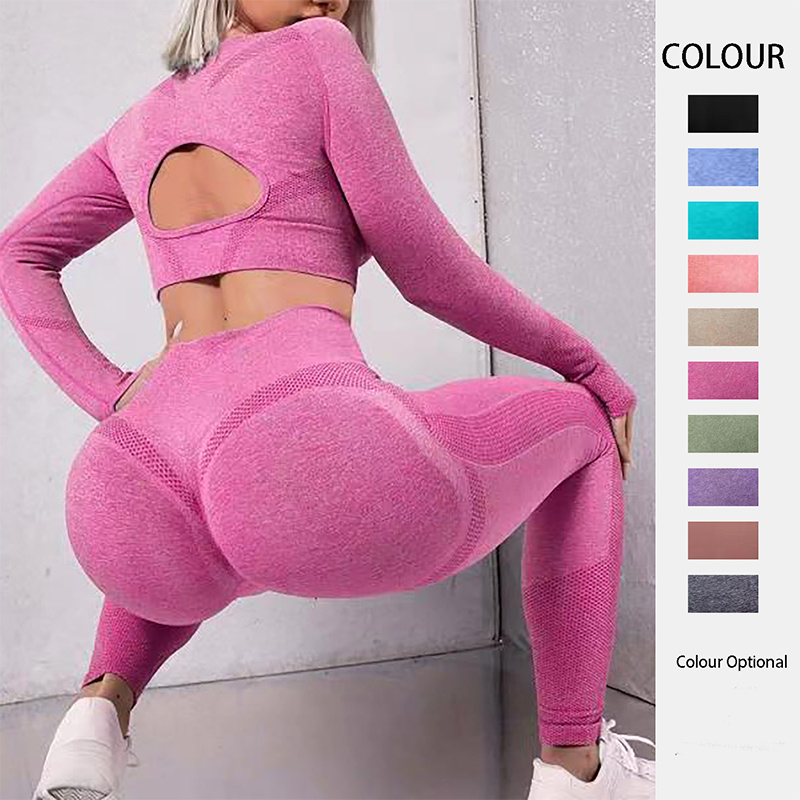 2pcs Long Sleeve Hollow Design Tops and Butt Lifting High Waist Leggings