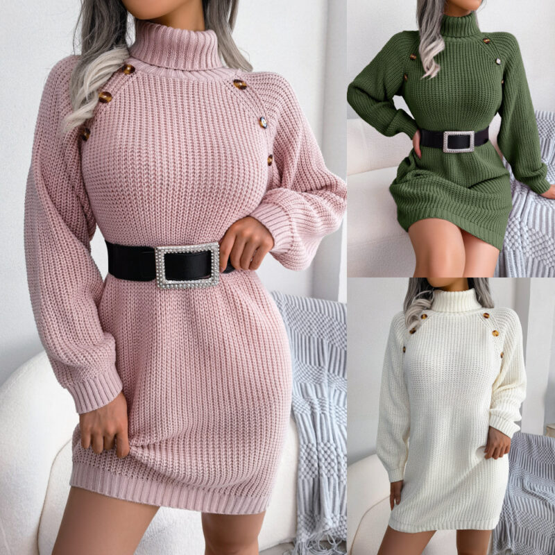 Winter Turtleneck Long Sweater Dress with Button