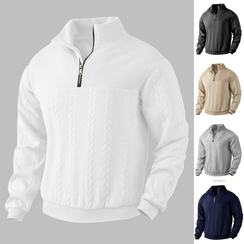 Men's Jacquard Fall Winter Long-sleeved Warm Pullover Hoodies Quarter-Zip Design Fashion Tops