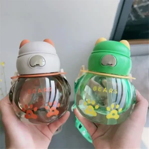 450ml Cute Cartoon Bear Straw Cup – BPA-Free Leakproof Kids Water Bottle – Portable Reusable Sippy Cup with Silicone Seal