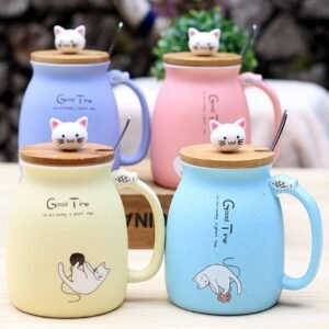 Dasouq Cartoon Kitten Ceramic Coffee Mug with Wood Lid, 420ml