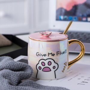 Dasouq Cartoon Ceramic Coffee Mug with Lid and Spoon, 3-Piece Set