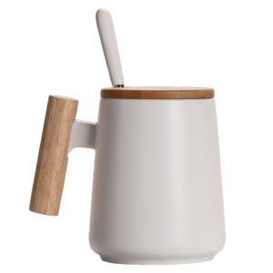Dasouq Ceramic Coffee Mug with Wooden Handle and Lid, 11cm