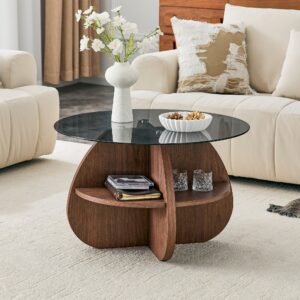 Round Coffee Table, Gray Glass Top, Walnut Fan Storage