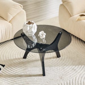 Mid-Century Modern Glass Coffee Table, 31.5", Black Wood Grain