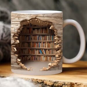 Dasouq 3D Bookshelf Ceramic Coffee Mug, 350ml, Book Lovers Gift