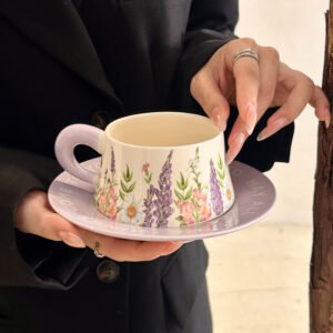 Dasouq Retro Lavender Ceramic Coffee Mug and Saucer Set, 260ml, Nordic Style