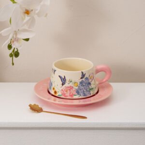 Dasouq Butterfly Vintage Ceramic Coffee Cup and Saucer Gift Set, 280ml