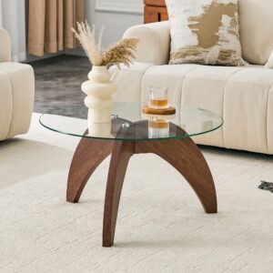 Round Glass Coffee Table, 27.5", Claw-Style Legs, Walnut