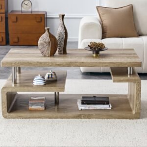 MDF Coffee Table, Carved Wood Grain, Open Storage