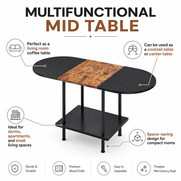Coffee Table For Living Room Wooden 2 Tier Open Storage Oval Industrial Modern Center Table For Farmhouse Home Office Black Brown